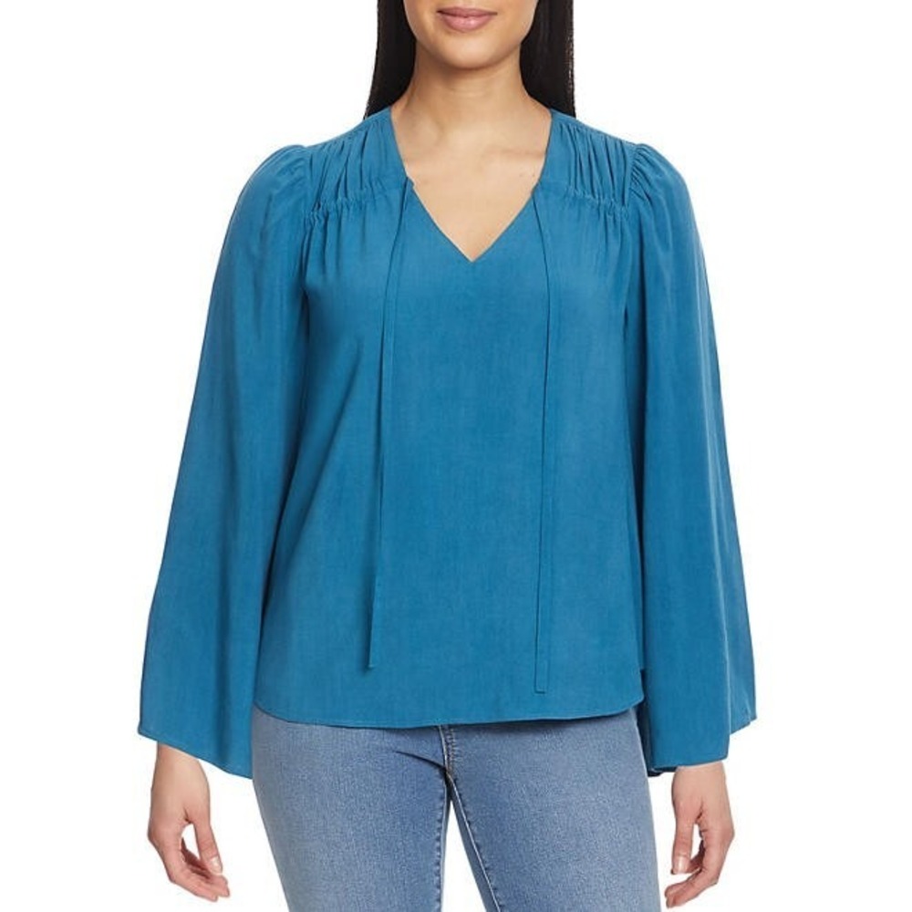 Jessica Simpson Womens Woven V-Neck Flare Sleeve Blouse Top XS Corsair Blue NWT